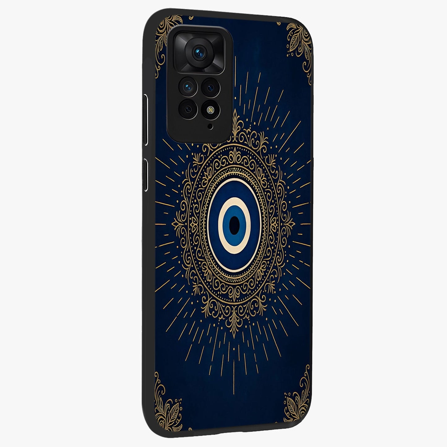 Golden Celestial Charm Glass Case upright view showcasing radiant celestial artwork with elegant golden theme.
