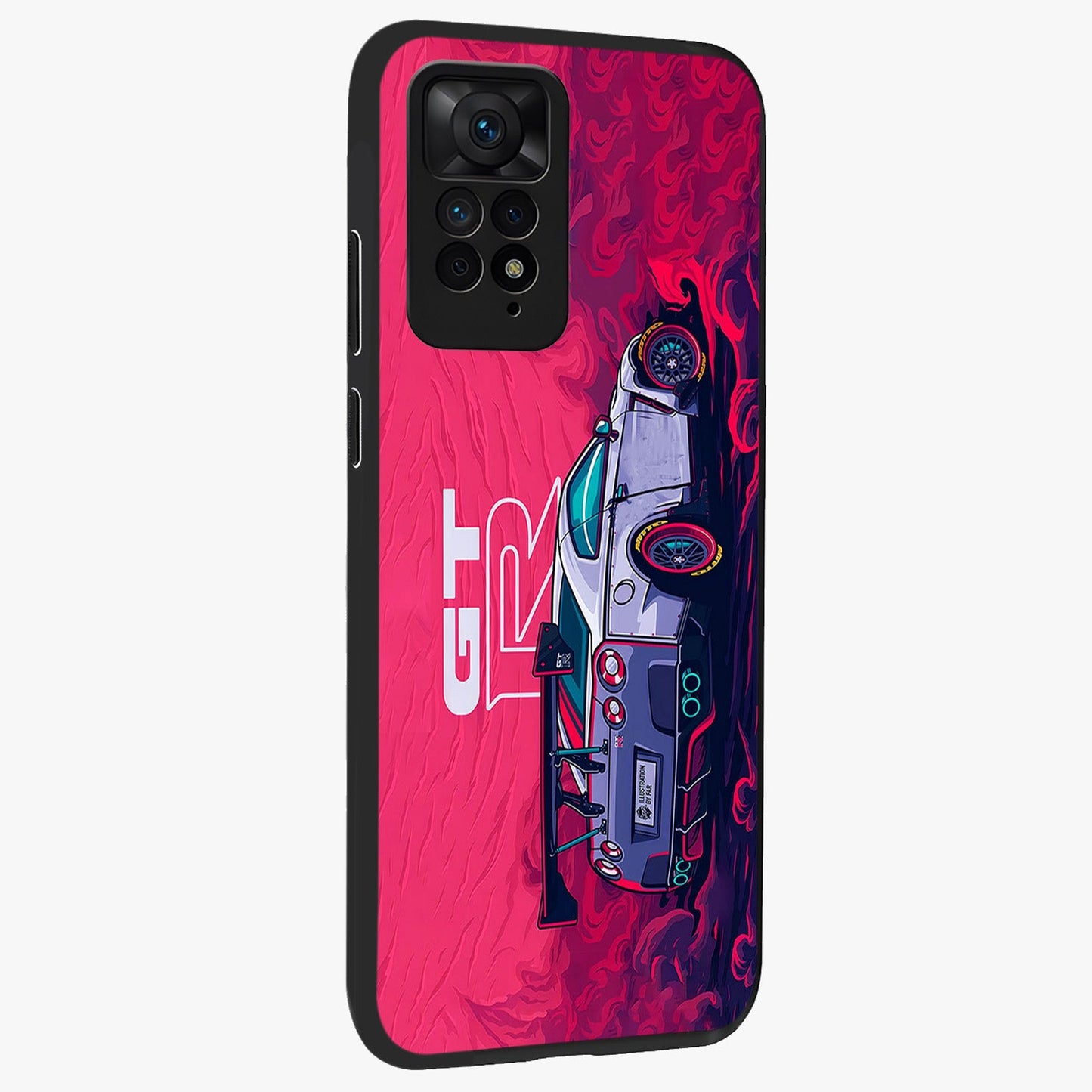 GT-R Car Pattern Glass Case upright view showcasing dynamic car pattern artwork with modern sports theme.