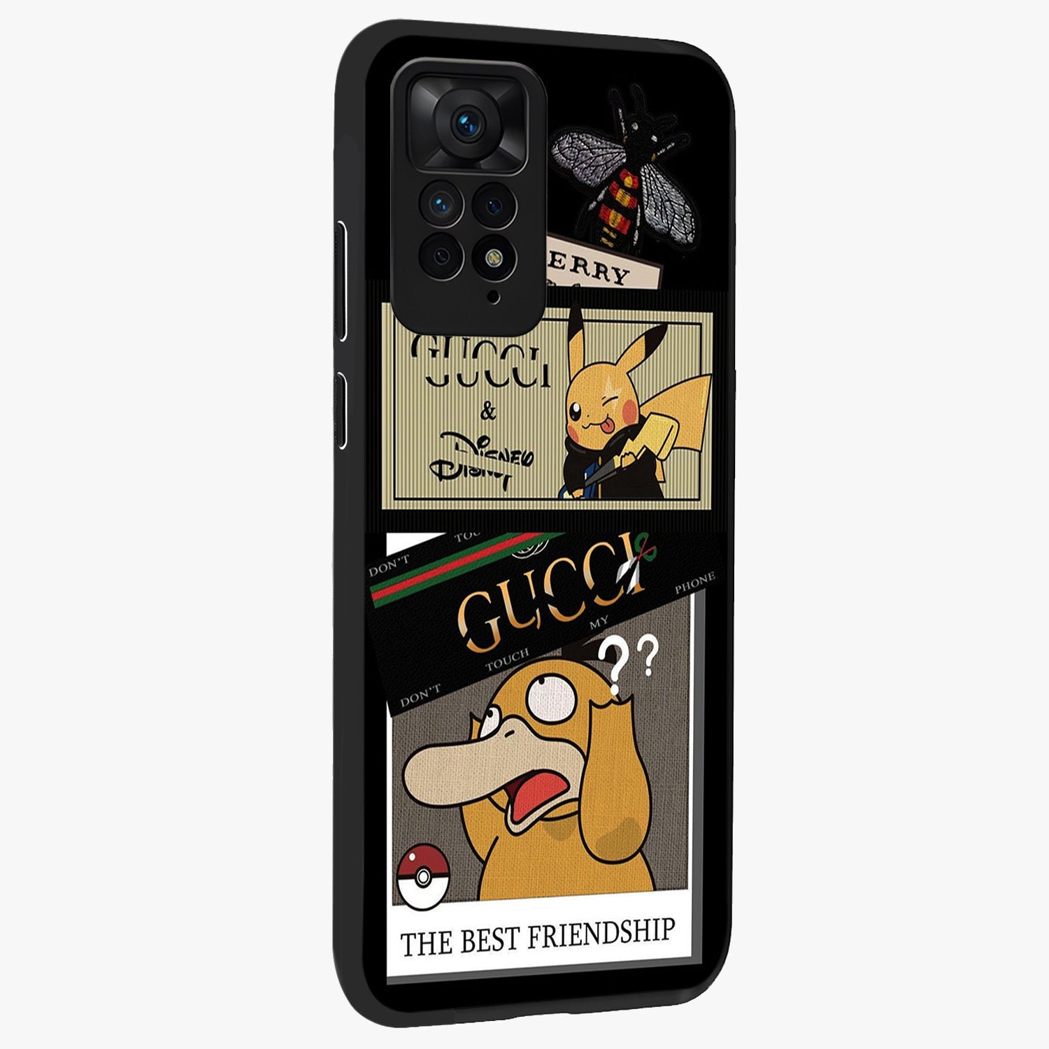 Gucci Play Mashup Glass Case upright view showcasing trendy luxury inspired artwork with modern fashion theme.
