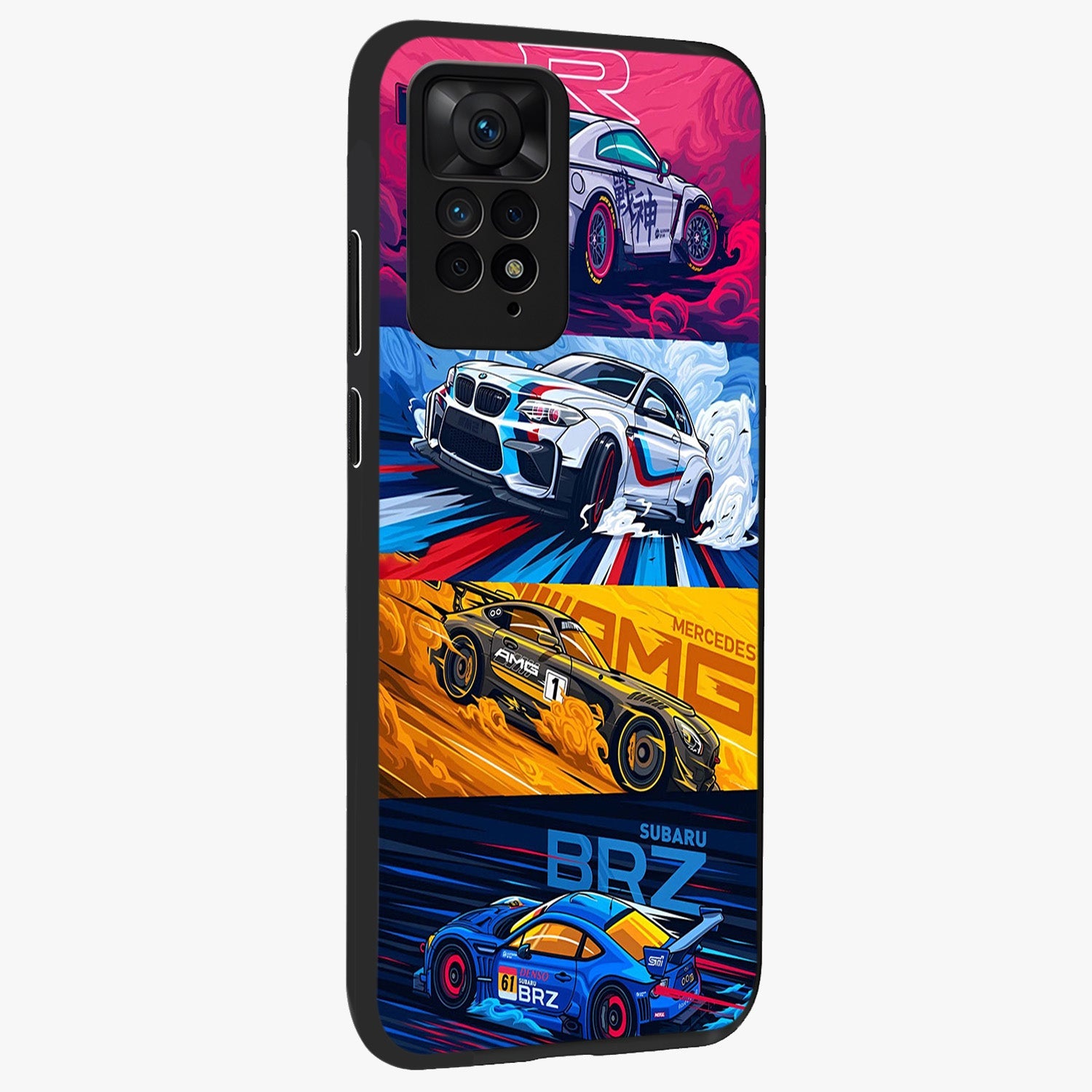 JDM Sports Car Glass Case upright view showcasing dynamic sports car artwork with bold racing theme.