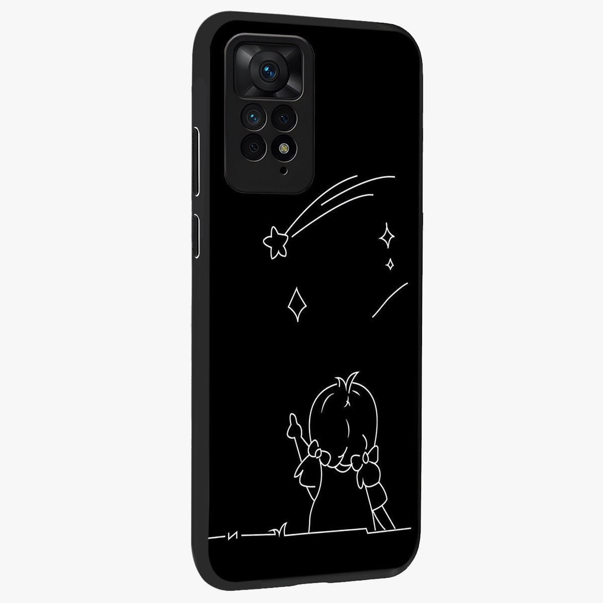 Line Art Girl With Shooting Stars Glass Case upright view showcasing delicate shooting stars artwork with minimal artistic theme.