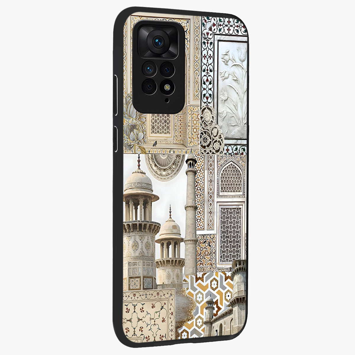 Mughal Marble Legacy Glass Case upright view showcasing ornate Mughal design with luxurious traditional theme.