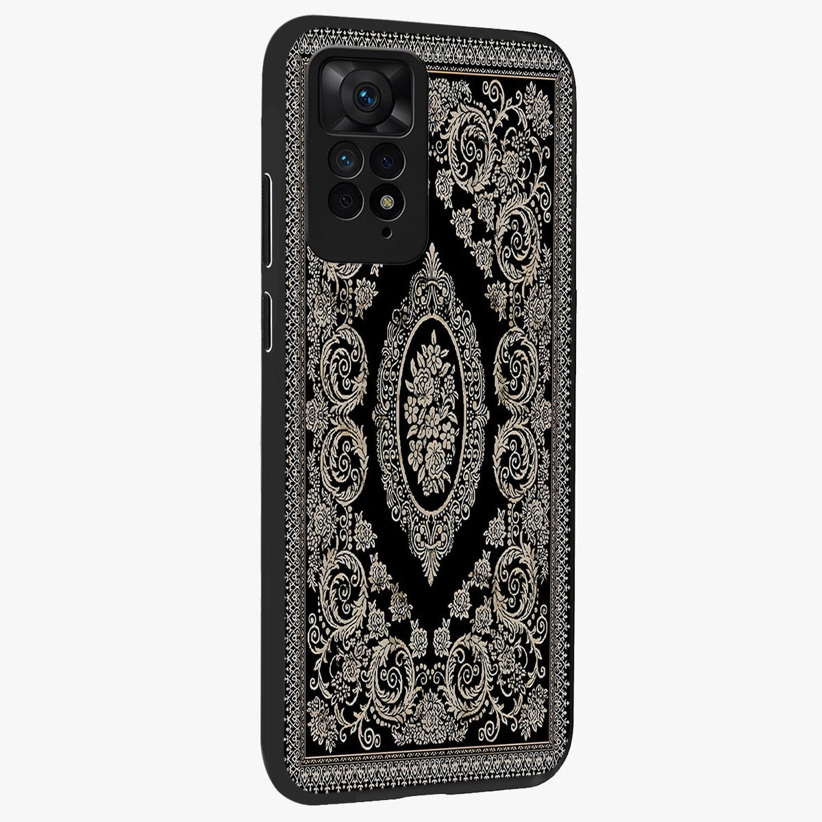 Noir Bloom Elegance Glass Case upright view showcasing graceful floral artwork with luxurious dark theme.