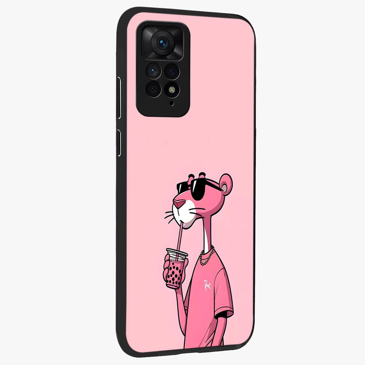 Pink Panther Glass Case upright view showcasing fun animated artwork with stylish retro cartoon theme.