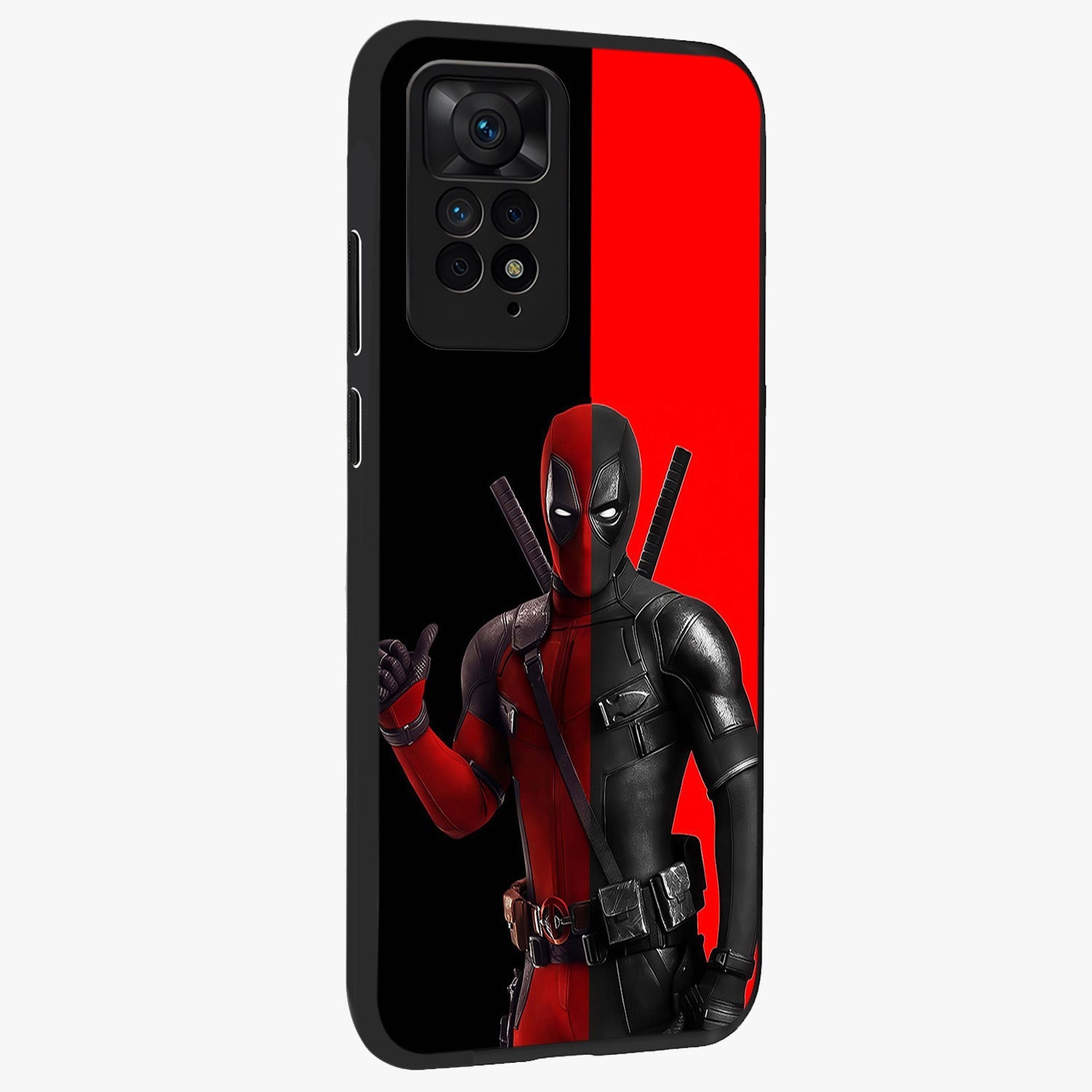 Red & Black Deadpool Theme Glass Case upright view showcasing energetic comic themed artwork with striking red and black design.
