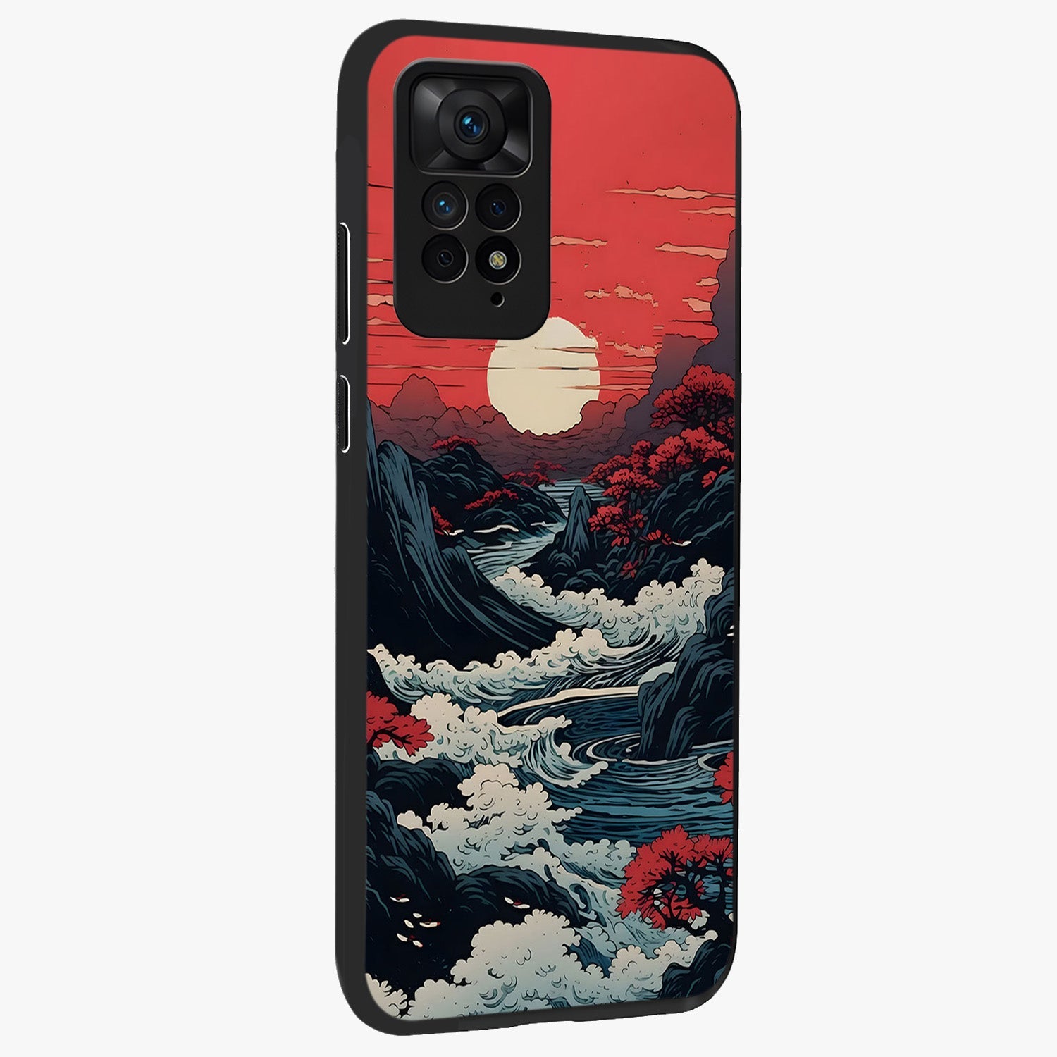 Red Sunset Scenery Glass Case upright view showcasing dramatic sunset scenery artwork with warm nature theme.