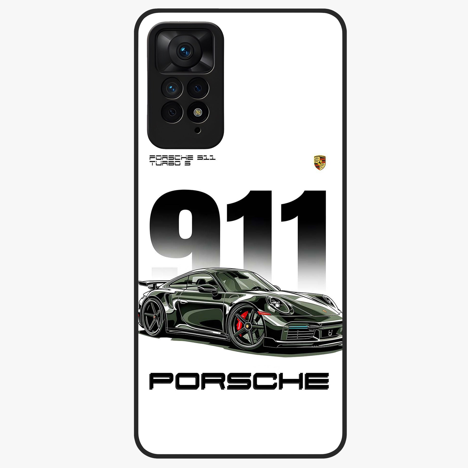 911 Turbo Dominance Glass Case showing clean flat back view with bold 911 sports car artwork and glossy glass finish.
