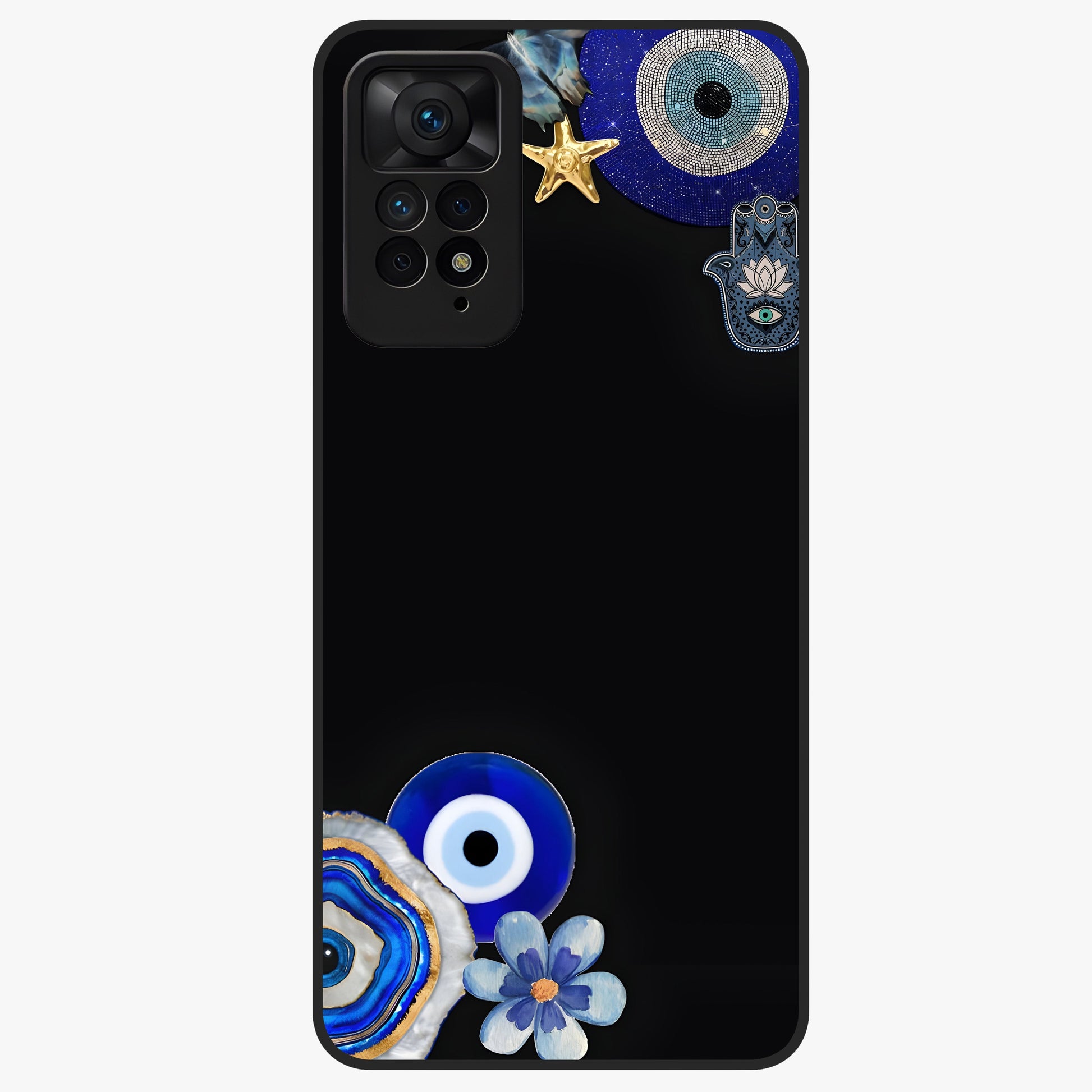 Aesthetic Blue Evil Eye Glass Case showing flat back view with protective evil eye artwork and glossy glass finish.