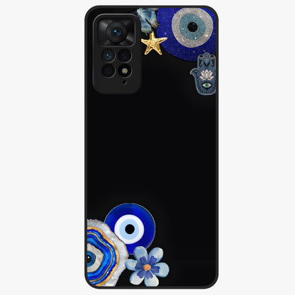 Aesthetic Blue Evil Eye Glass Case showing flat back view with protective evil eye artwork and glossy glass finish.