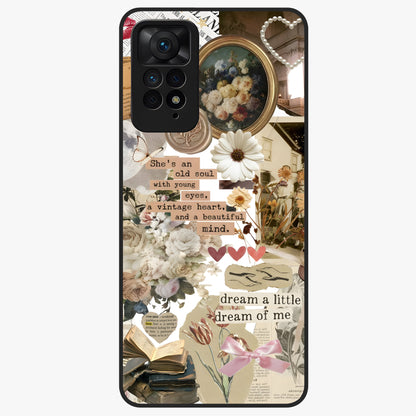 Aesthetic Brown Vintage Collage Glass Case showing flat back view with retro collage artwork and glossy glass finish.