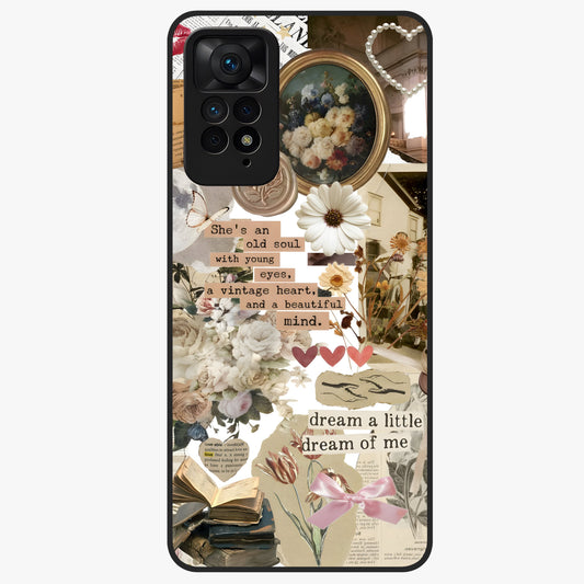 Aesthetic Brown Vintage Collage Glass Case showing flat back view with retro collage artwork and glossy glass finish.