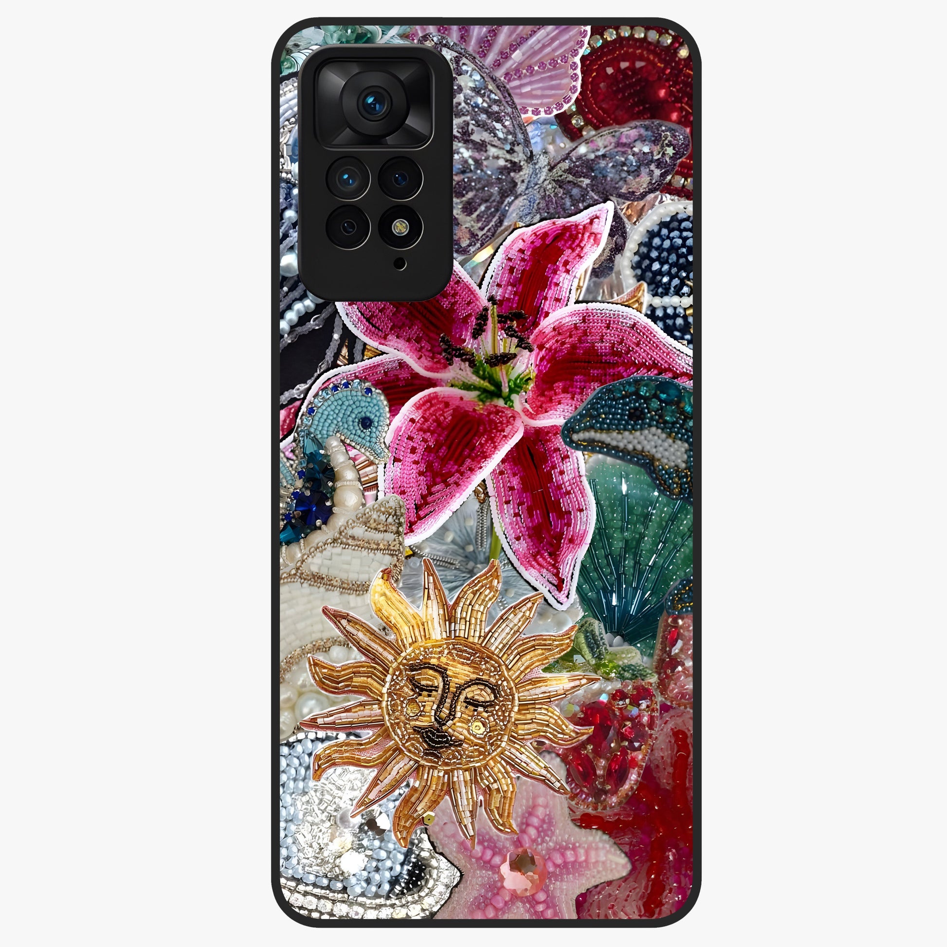 Beaded Garden Fantasy Glass Case showing flat back view with dreamy garden bead artwork and glossy glass finish.
