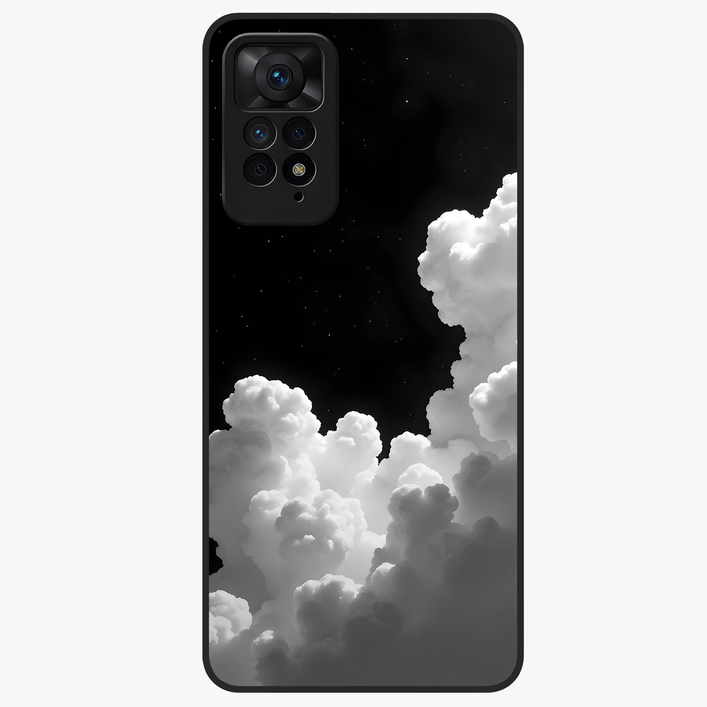 Black Background With White Cloud Glass Case showing flat back view with minimal cloud artwork on dark background and glossy glass finish.