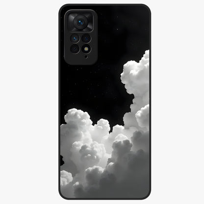 Black Background With White Cloud Glass Case showing flat back view with minimal cloud artwork on dark background and glossy glass finish.