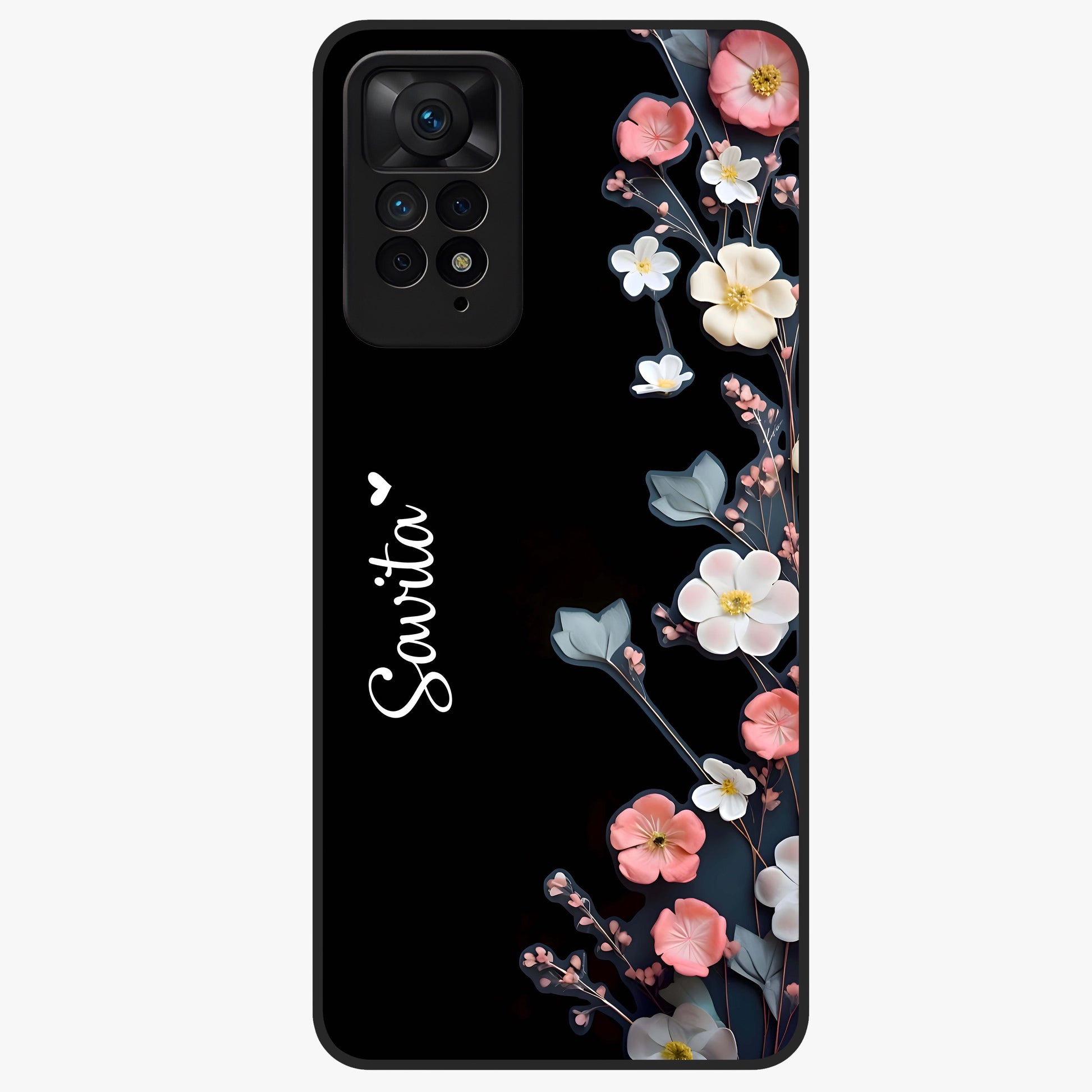Black Elegance Floral Custom Name Glass Case showing flat back view with elegant floral artwork and personalized name design.