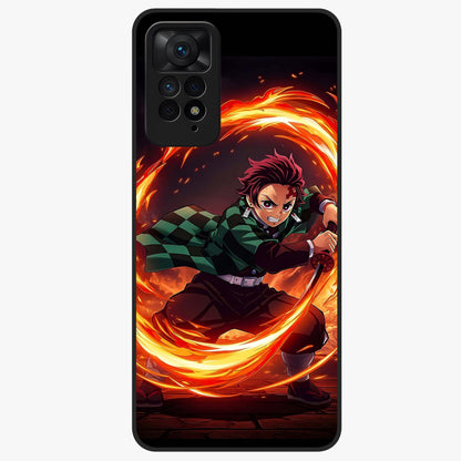 Blazing Sword Resolve Glass Case showing flat back view with fiery sword artwork and glossy glass finish.