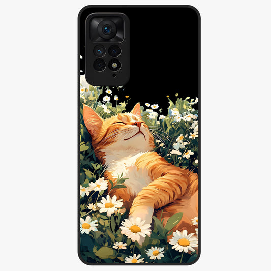 Blissful Bloom Cat Glass Case showing flat back view with cute cat and floral bloom artwork and glossy glass finish.