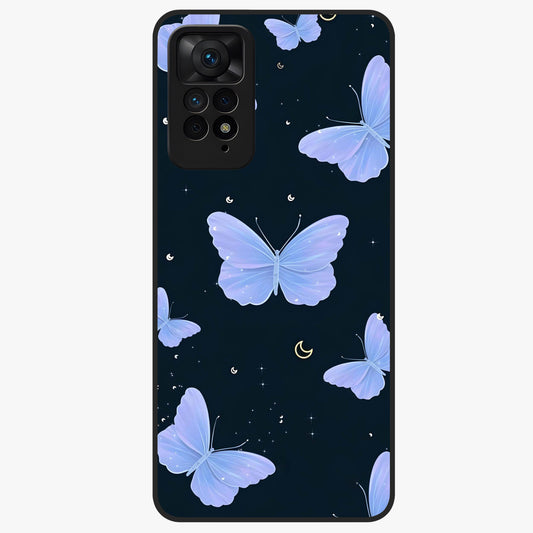 Butterfly With Stars Pattern Glass Case showing flat back view with butterfly and star pattern artwork and glossy glass finish.