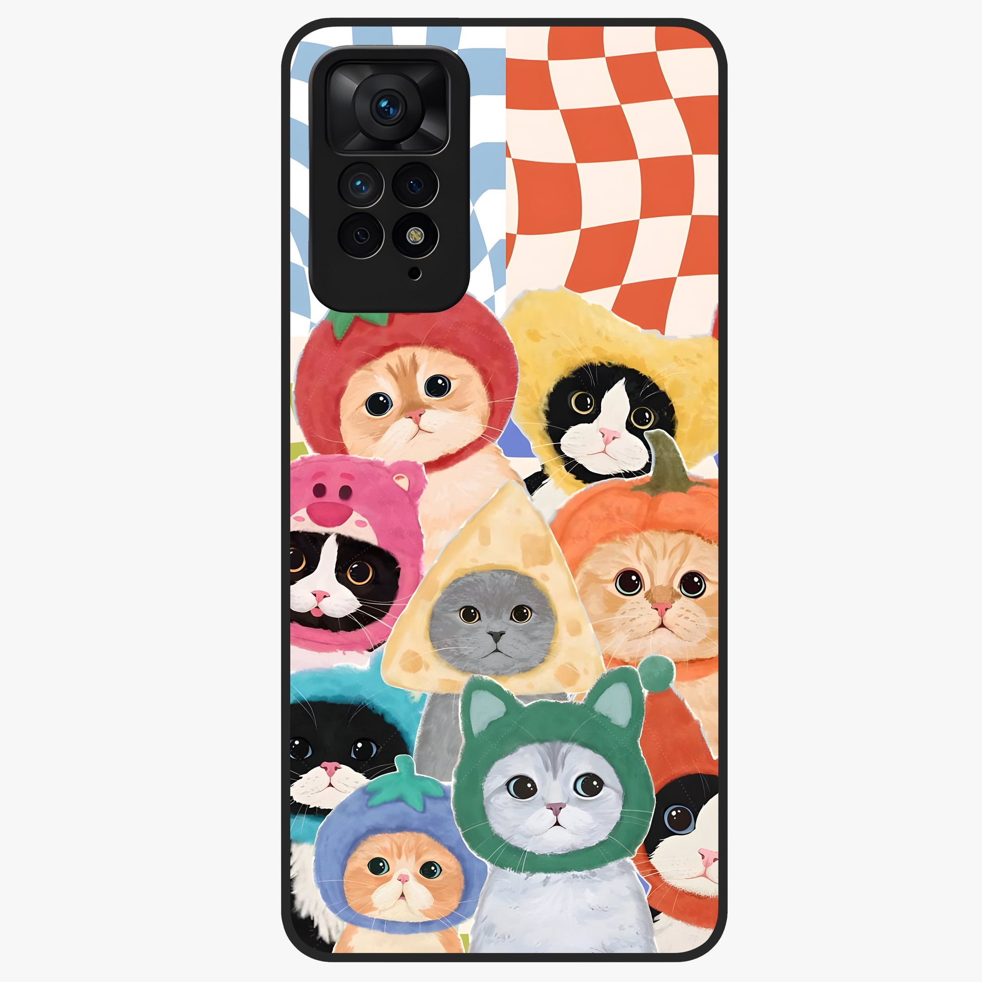 Cats in Fruits Glass Case showing flat back view with playful cat illustrations inside fruit artwork and glossy glass finish.