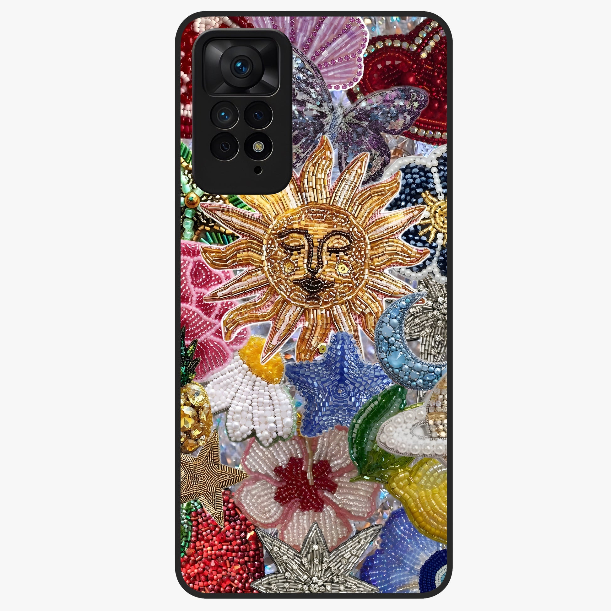 Celestial Floral and Playful Glass Case showing flat back view with floral and celestial themed artwork and glossy glass finish.