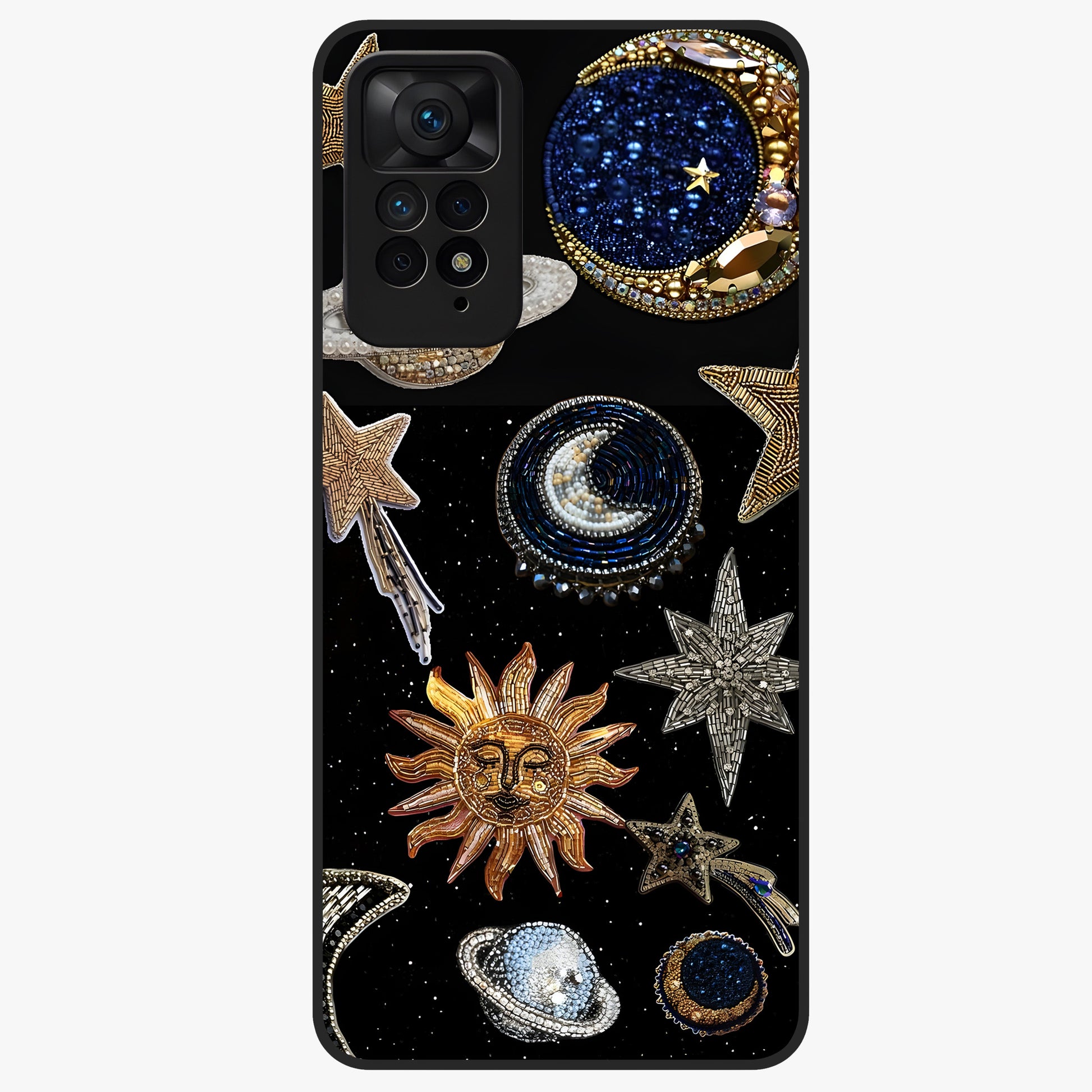 Celestial Gem Constellations Glass Case showing flat back view with sparkling constellation artwork and glossy glass finish.