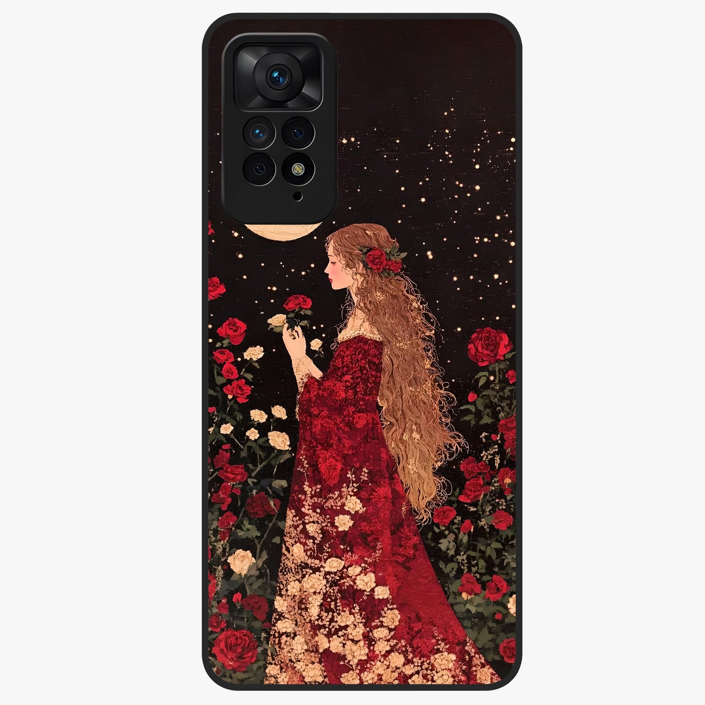 Crimson Dreams Glass Case showing flat back view with dreamy crimson artwork and glossy glass finish.