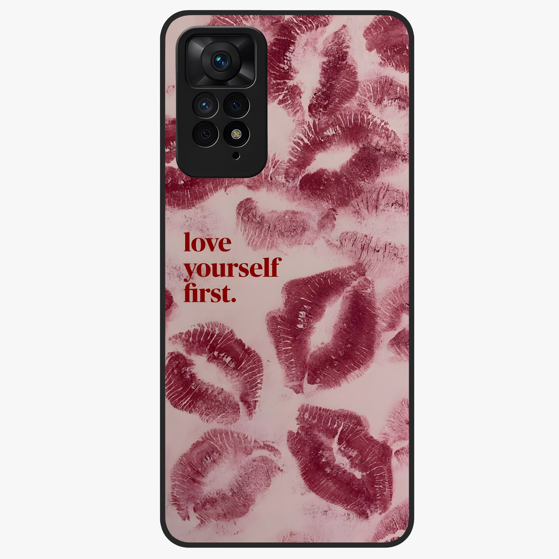 Crimson Kiss Love Glass Case showing flat back view with romantic crimson themed artwork and glossy glass finish.