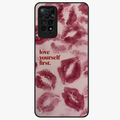 Crimson Kiss Love Glass Case showing flat back view with romantic crimson themed artwork and glossy glass finish.