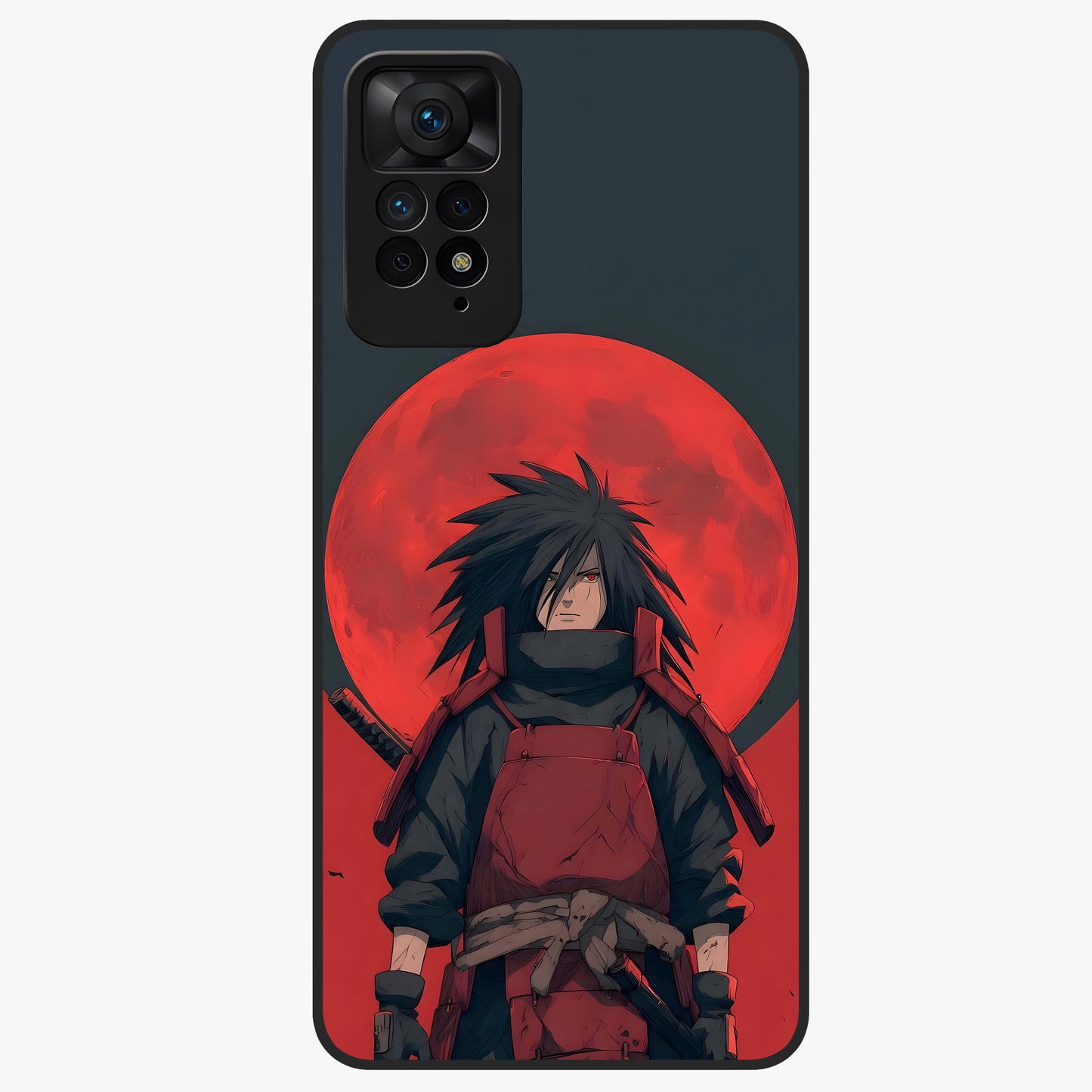 Crimson Moon Warlord Glass Case showing flat back view with mystical moon warrior artwork and glossy glass finish.