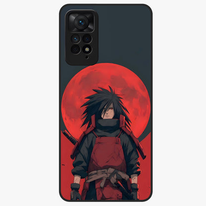Crimson Moon Warlord Glass Case showing flat back view with mystical moon warrior artwork and glossy glass finish.