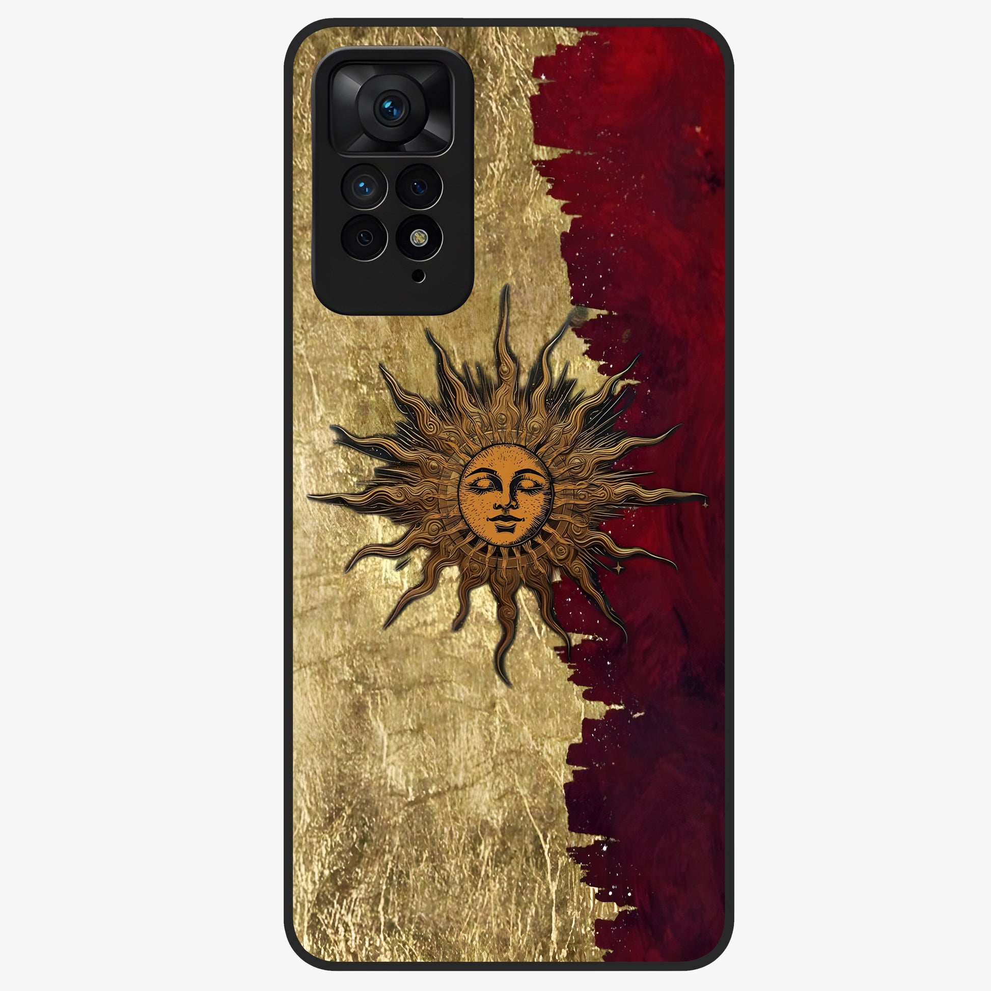 Crimson Sun Majesty Glass Case showing flat back view with radiant sun inspired artwork and glossy glass finish.