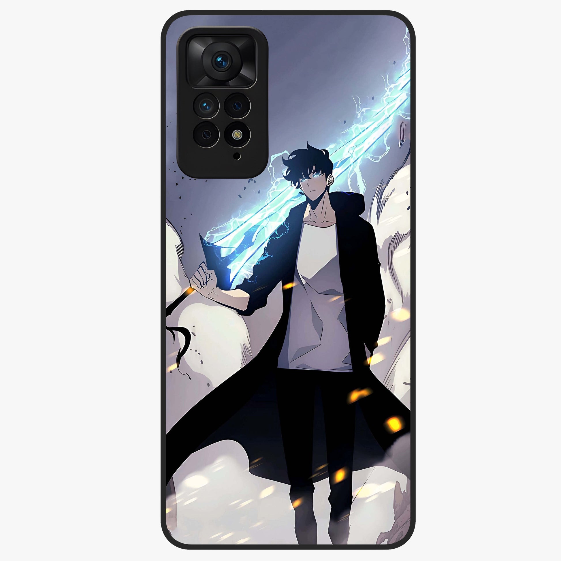 Dark Lightning Anime Warrior Glass Case showing flat back view with intense anime warrior artwork and glossy glass finish.