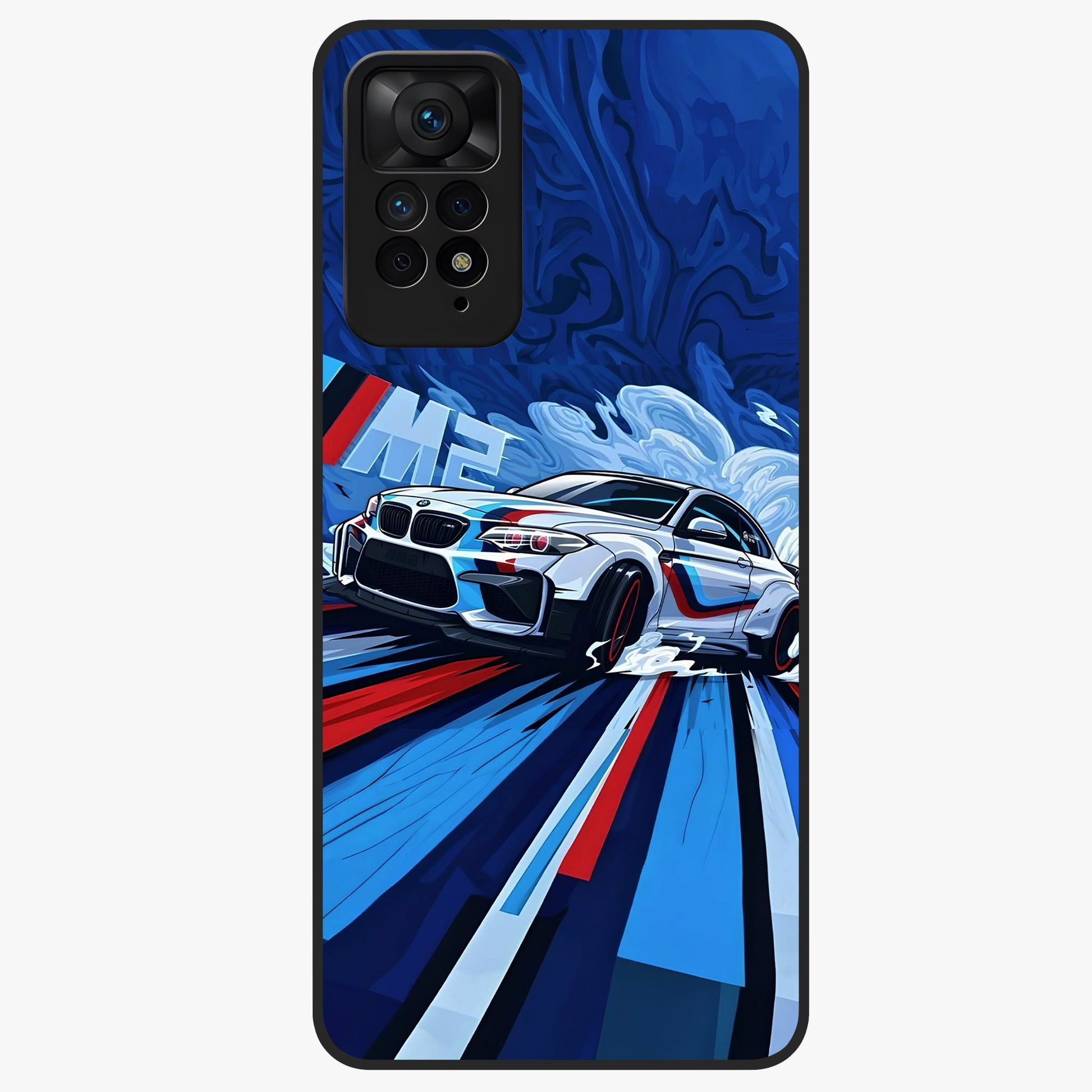Drift Power Rush Glass Case showing flat back view with dynamic racing inspired artwork and glossy glass finish.