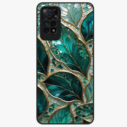 Emerald Leaf Glass Glass Case showing flat back view with emerald green leaf artwork and glossy glass finish.