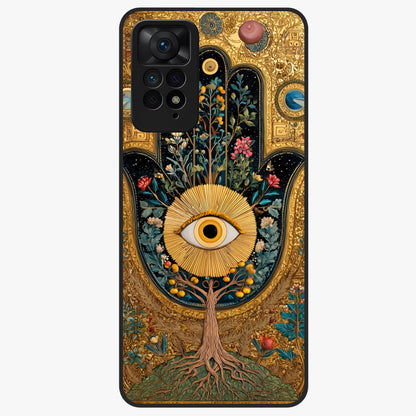Ethereal Evil Eye Glass Case showing flat back view with mystical evil eye artwork and glossy glass finish.