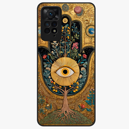 Ethereal Evil Eye Glass Case showing flat back view with mystical evil eye artwork and glossy glass finish.