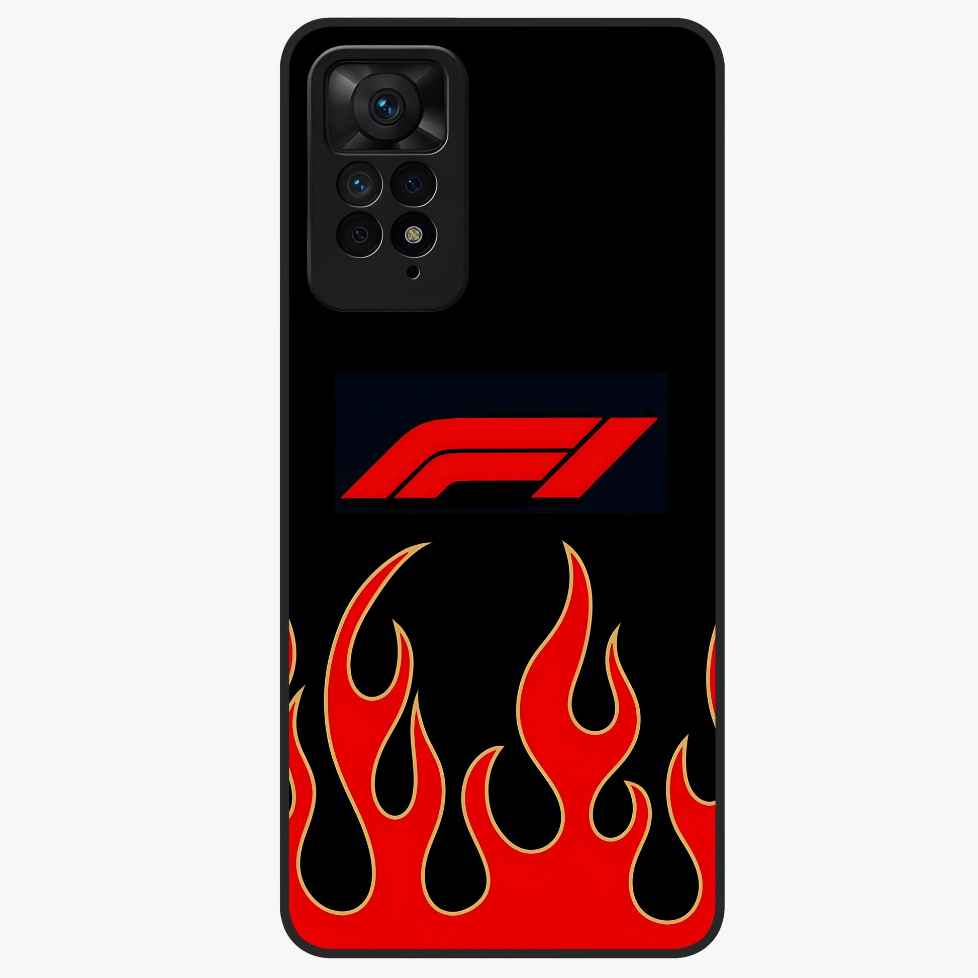 Fire F11 Glass Case showing flat back view with fiery themed artwork and glossy glass finish.