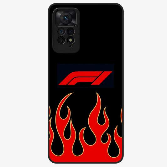 Fire F11 Glass Case showing flat back view with fiery themed artwork and glossy glass finish.