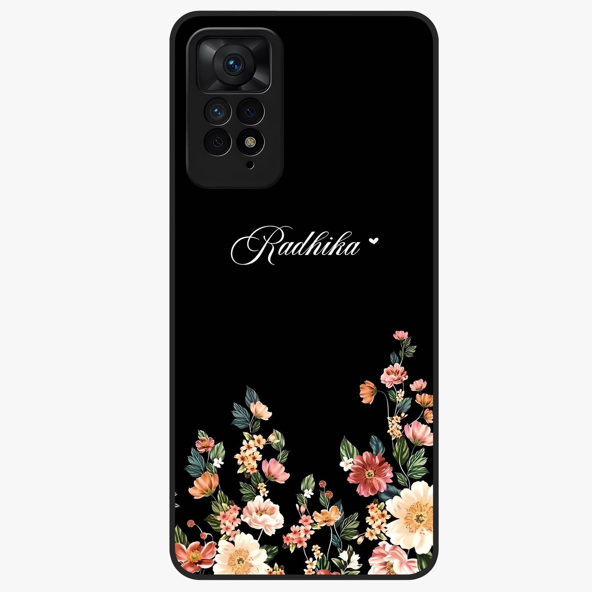 Floral Design With a Custom Personalized Name Glass Case showing flat back view with floral artwork and personalized name design.
