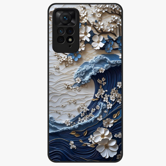 Floral Wave Origami Glass Case showing flat back view with origami inspired floral wave artwork and glossy glass finish.