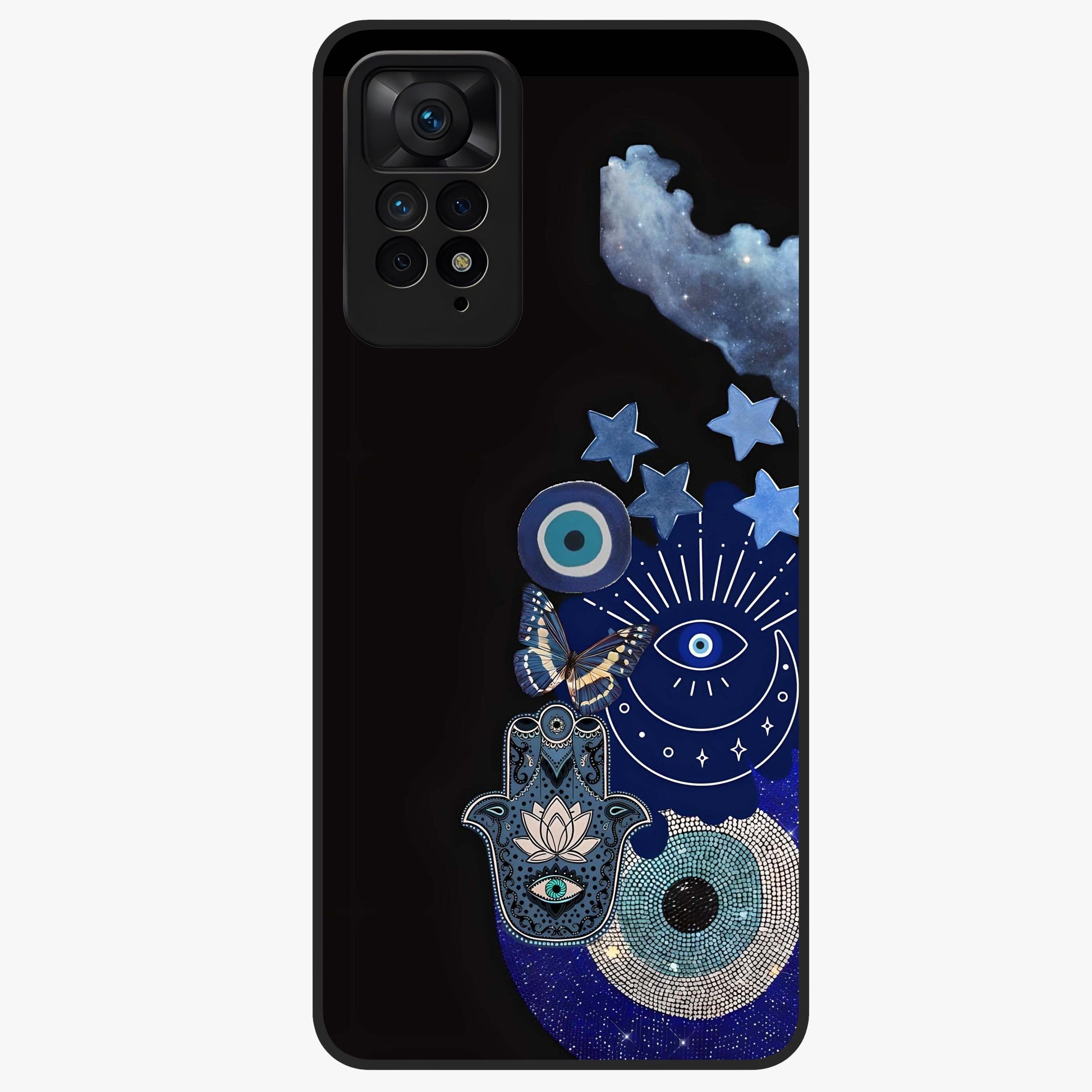 Galactic Charm Cluster Glass Case showing flat back view with glowing celestial charm artwork and glossy glass finish.