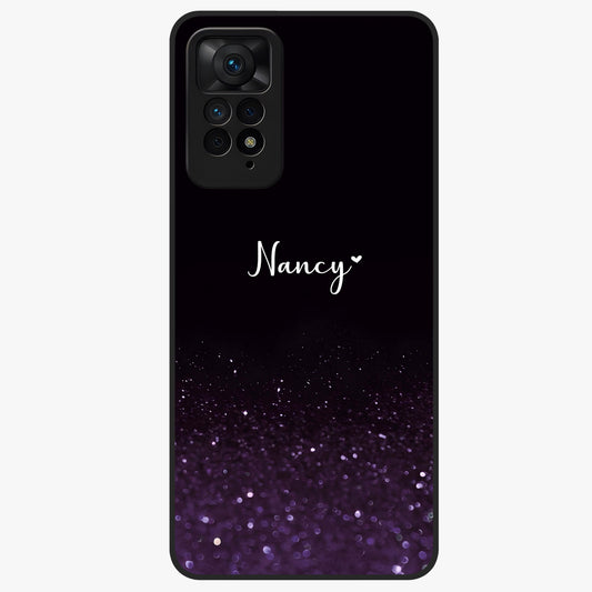 Glittery Purple Bokeh Custom Name Glass Case showing flat back view with purple bokeh sparkle artwork and personalized name design.