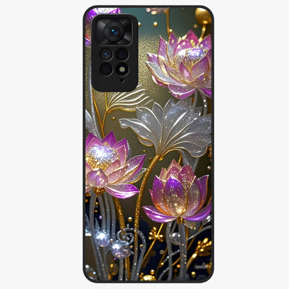 Golden Lotus Glow Glass Case showing flat back view with glowing lotus flower artwork and glossy glass finish.