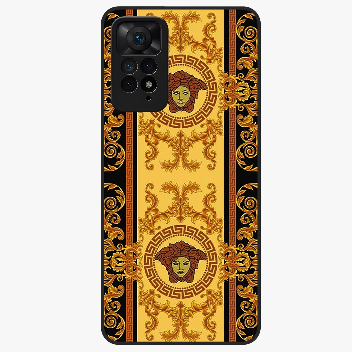 Golden Royal Heritage Glass Case showing flat back view with ornate royal pattern artwork and glossy glass finish.