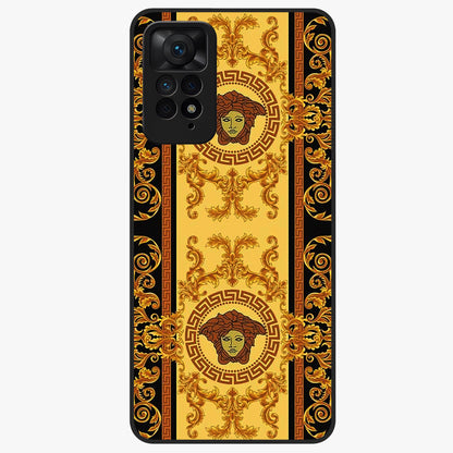 Golden Royal Heritage Glass Case showing flat back view with ornate royal pattern artwork and glossy glass finish.