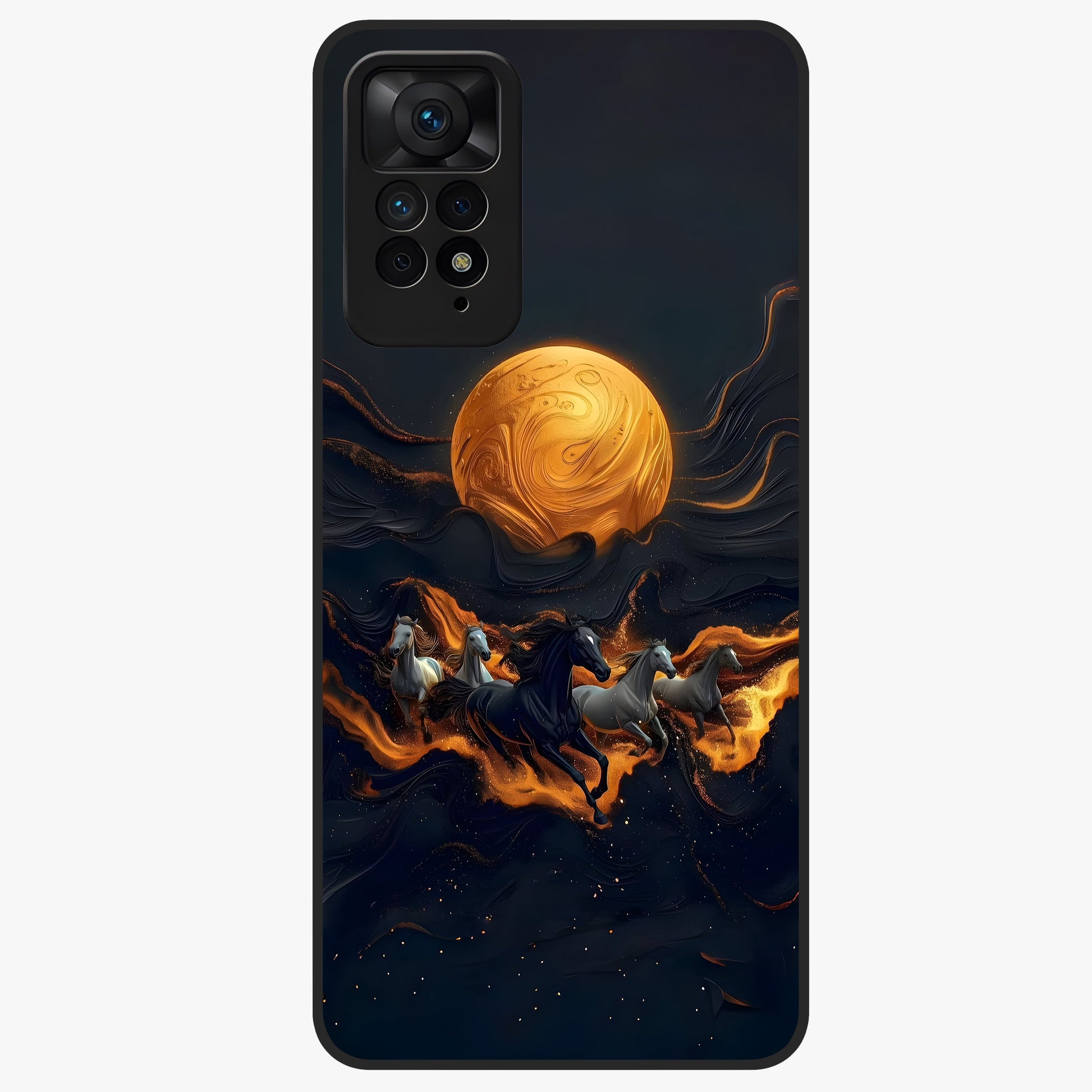 Golden Stallion Moonride Glass Case showing flat back view with majestic horse under moonlight artwork and glossy glass finish.