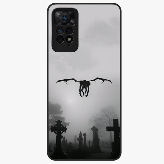 Graveyard Shadow Descent Glass Case showing flat back view with dark graveyard themed artwork and glossy glass finish.