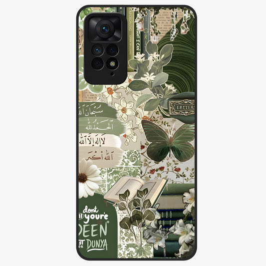 Green Islamic Books Quotes Glass Case showing flat back view with Islamic quotes and book themed artwork and glossy glass finish.