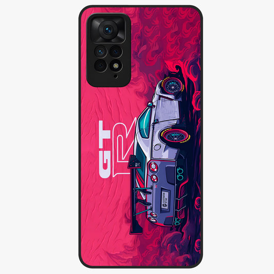 GT-R Car Pattern Glass Case showing flat back view with sporty car inspired pattern artwork and glossy glass finish.