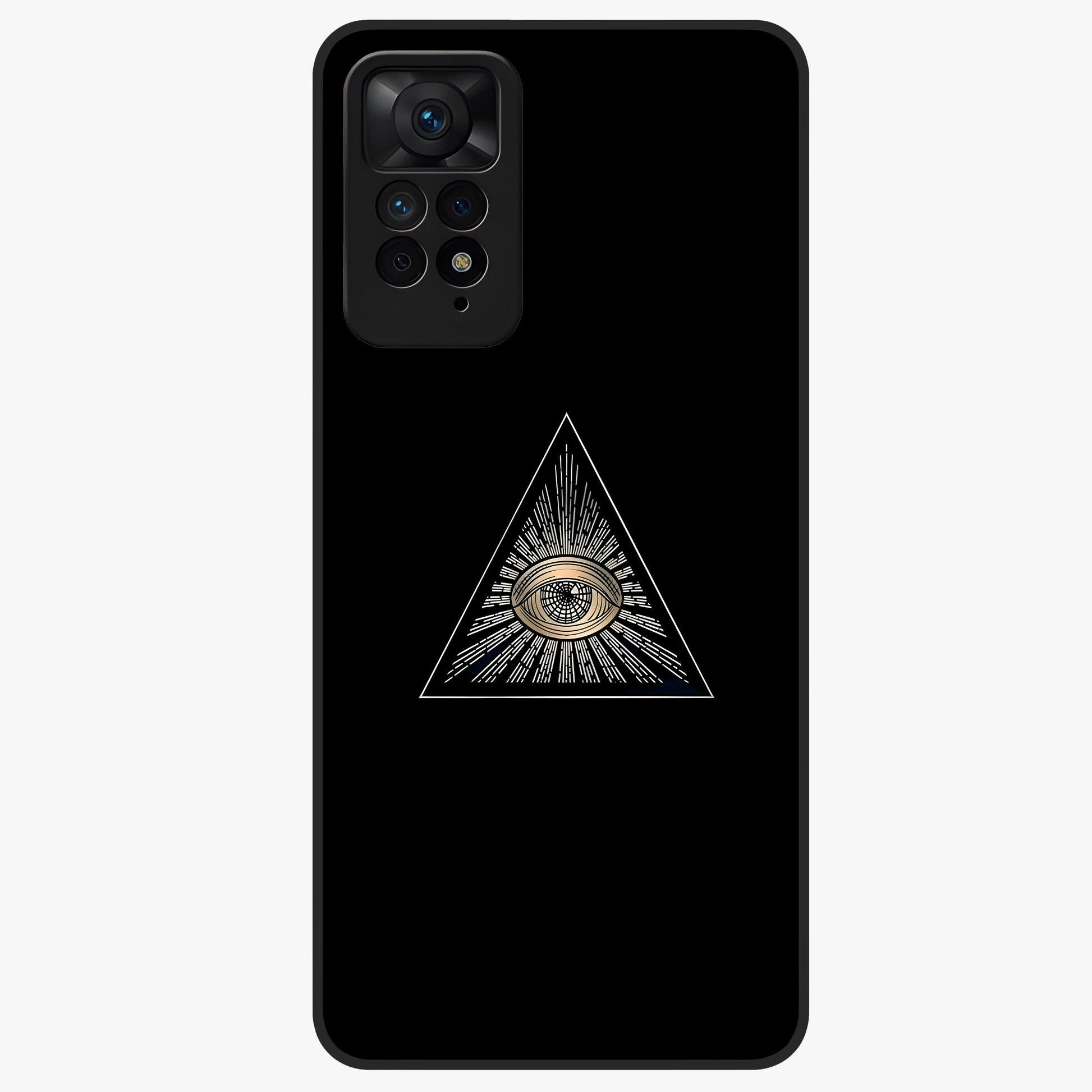 Illuminati Evil Glass Case showing flat back view with mysterious illuminati symbol artwork and glossy glass finish.